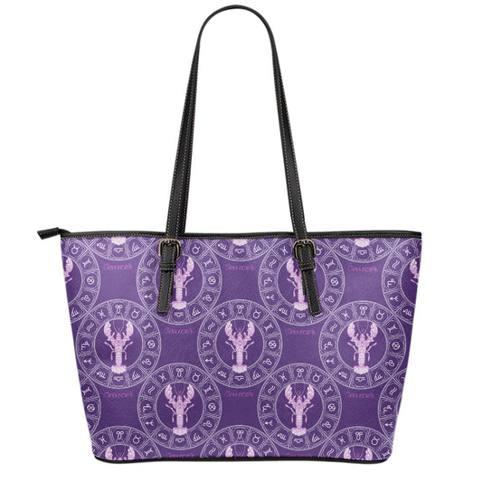 Purple Cancer Zodiac Pattern Print Leather Tote Bag