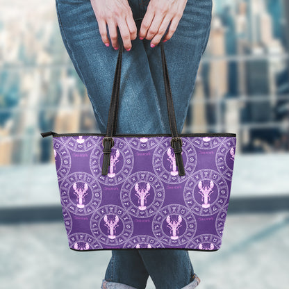 Purple Cancer Zodiac Pattern Print Leather Tote Bag
