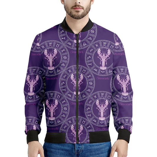 Purple Cancer Zodiac Pattern Print Men's Bomber Jacket