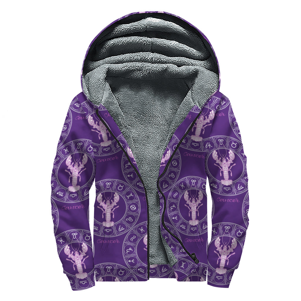Purple Cancer Zodiac Pattern Print Sherpa Lined Zip Up Hoodie