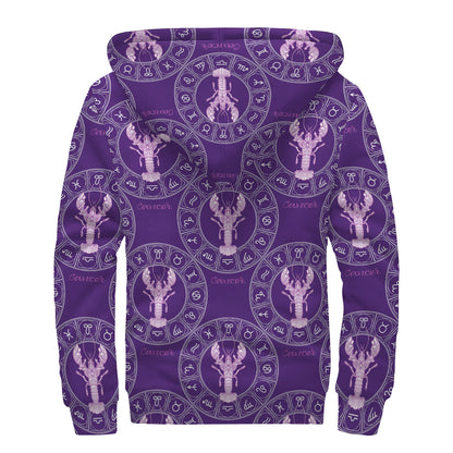 Purple Cancer Zodiac Pattern Print Sherpa Lined Zip Up Hoodie