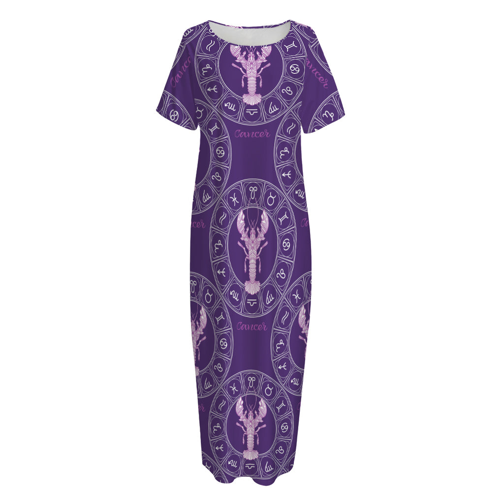 Purple Cancer Zodiac Pattern Print Short Sleeve Long Nightdress