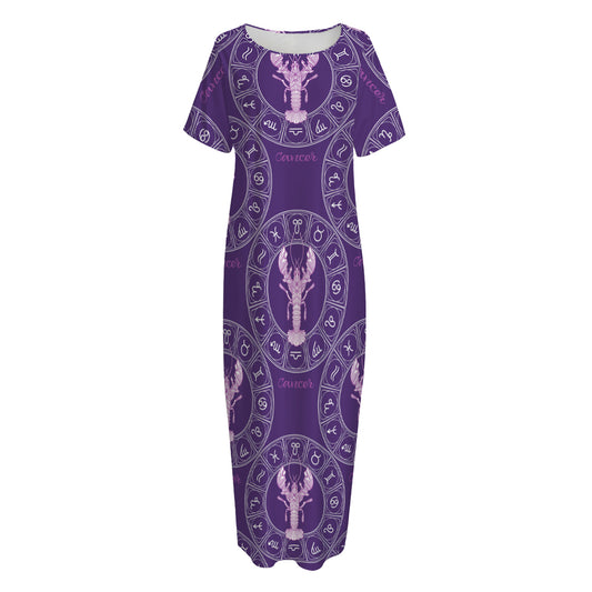 Purple Cancer Zodiac Pattern Print Short Sleeve Long Nightdress