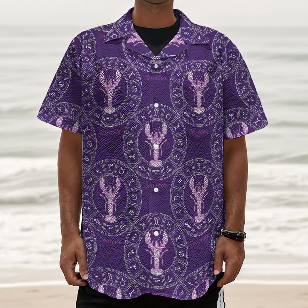 Purple Cancer Zodiac Pattern Print Textured Short Sleeve Shirt