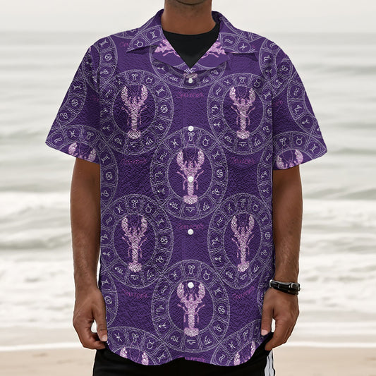 Purple Cancer Zodiac Pattern Print Textured Short Sleeve Shirt