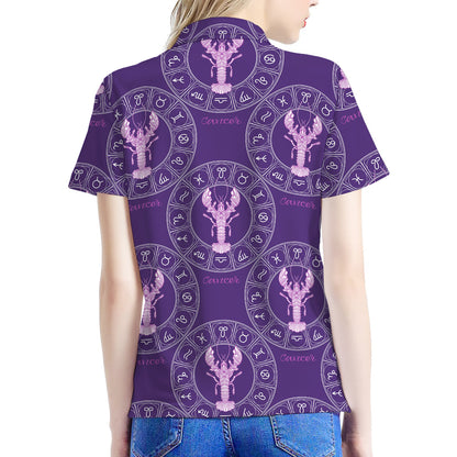 Purple Cancer Zodiac Pattern Print Women's Polo Shirt