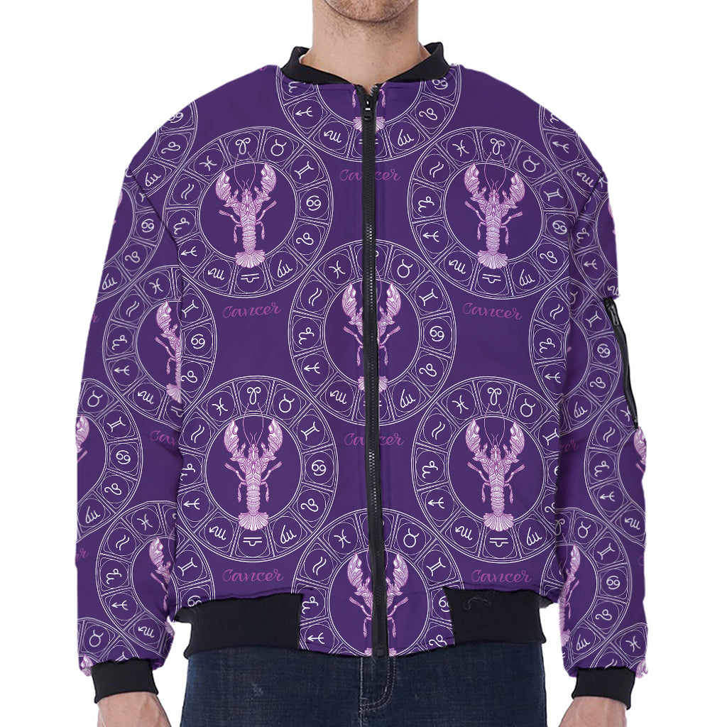 Purple Cancer Zodiac Pattern Print Zip Sleeve Bomber Jacket