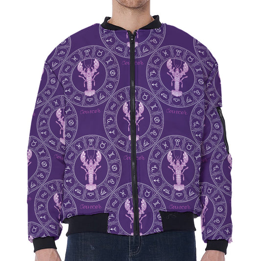 Purple Cancer Zodiac Pattern Print Zip Sleeve Bomber Jacket