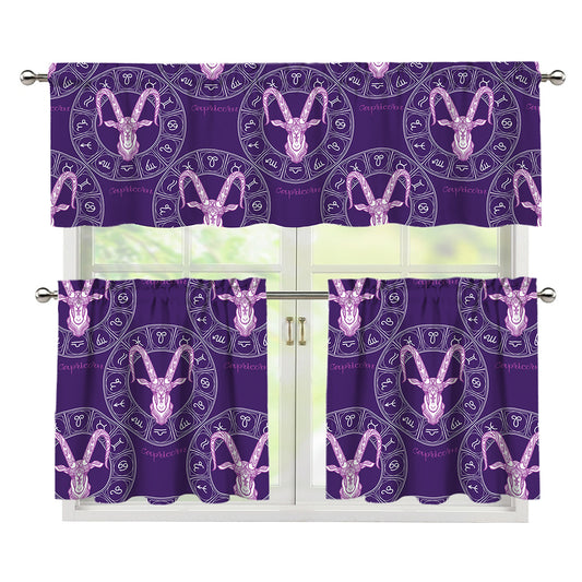 Purple Capricorn Zodiac Pattern Print 3 Piece Kitchen Curtains