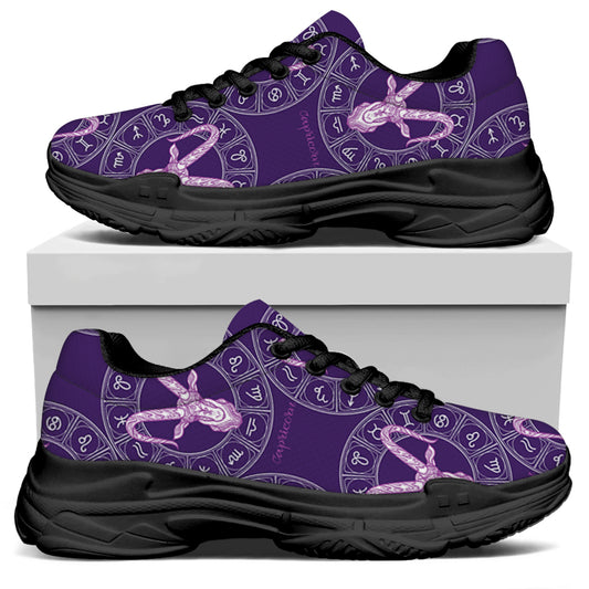 Purple Capricorn Zodiac Pattern Print Black Chunky Shoes