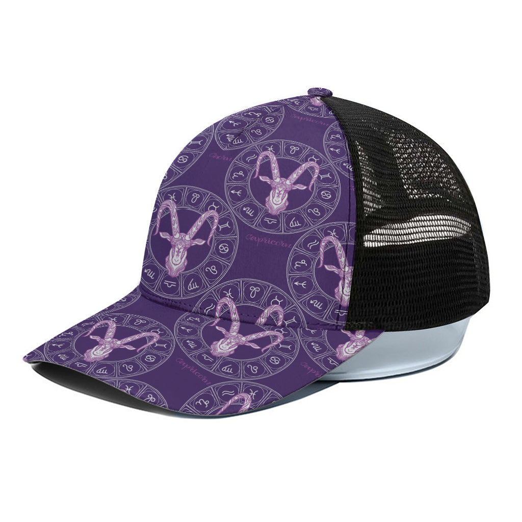 Purple Capricorn Zodiac Pattern Print Black Mesh Trucker Cap