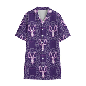 Purple Capricorn Zodiac Pattern Print Cotton Hawaiian Shirt