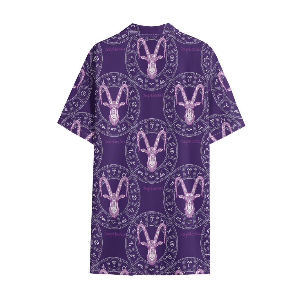 Purple Capricorn Zodiac Pattern Print Cotton Hawaiian Shirt