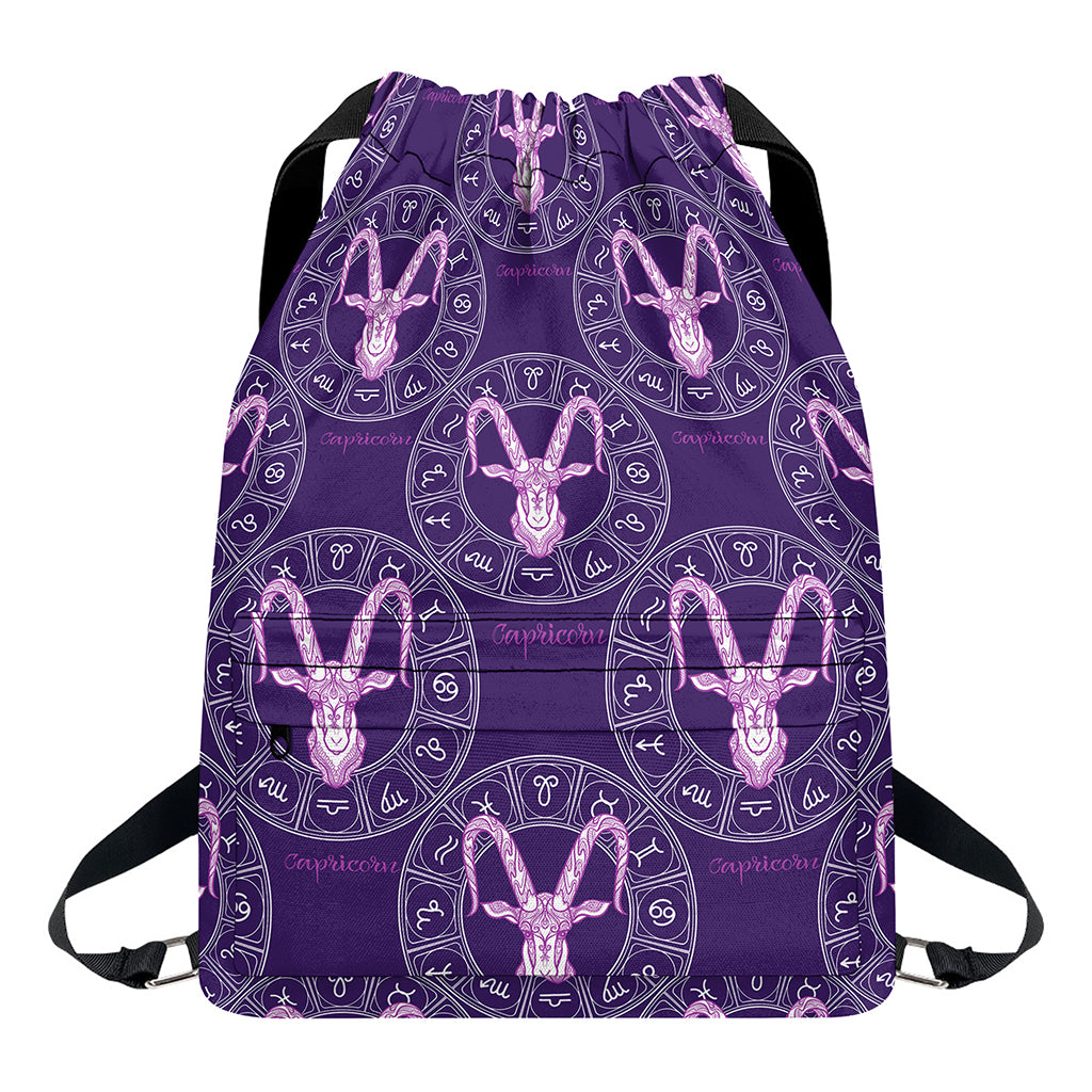Purple Capricorn Zodiac Pattern Print Drawstring Backpack