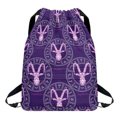 Purple Capricorn Zodiac Pattern Print Drawstring Backpack
