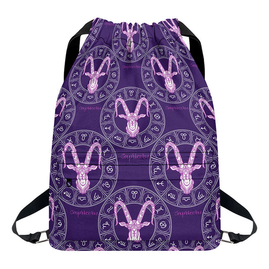 Purple Capricorn Zodiac Pattern Print Drawstring Backpack