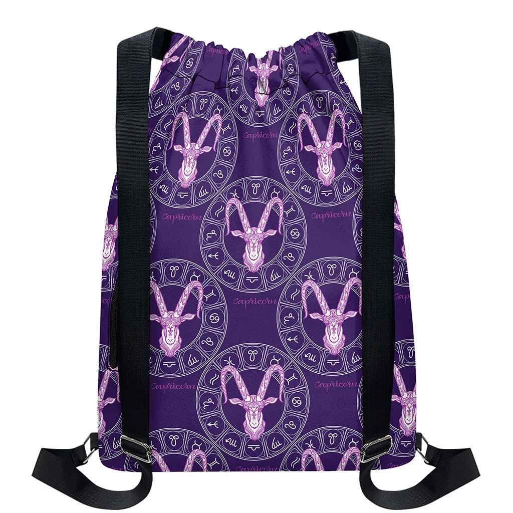 Purple Capricorn Zodiac Pattern Print Drawstring Backpack