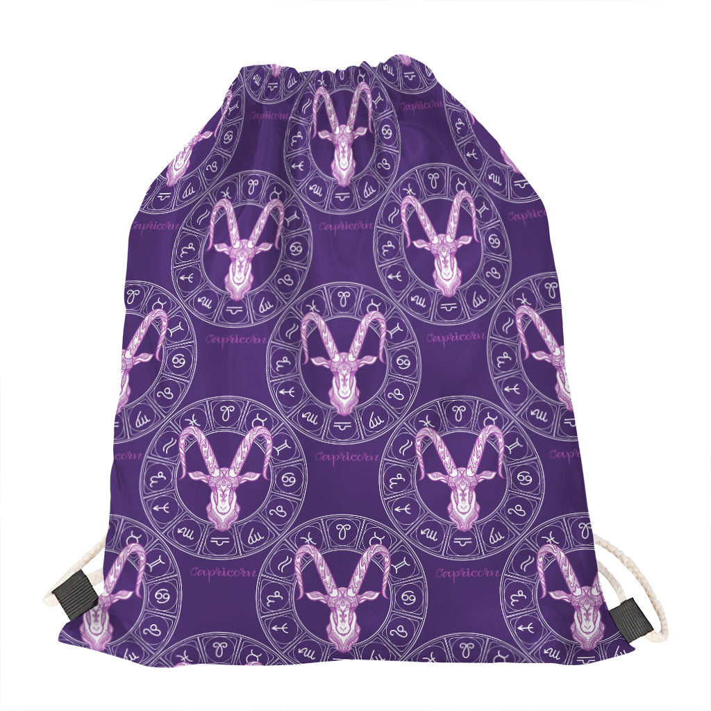 Purple Capricorn Zodiac Pattern Print Drawstring Bag