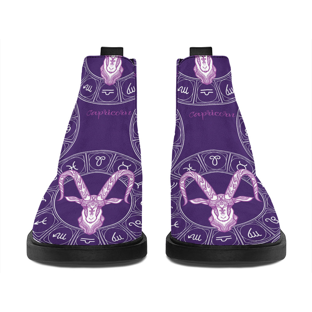 Purple Capricorn Zodiac Pattern Print Flat Ankle Boots
