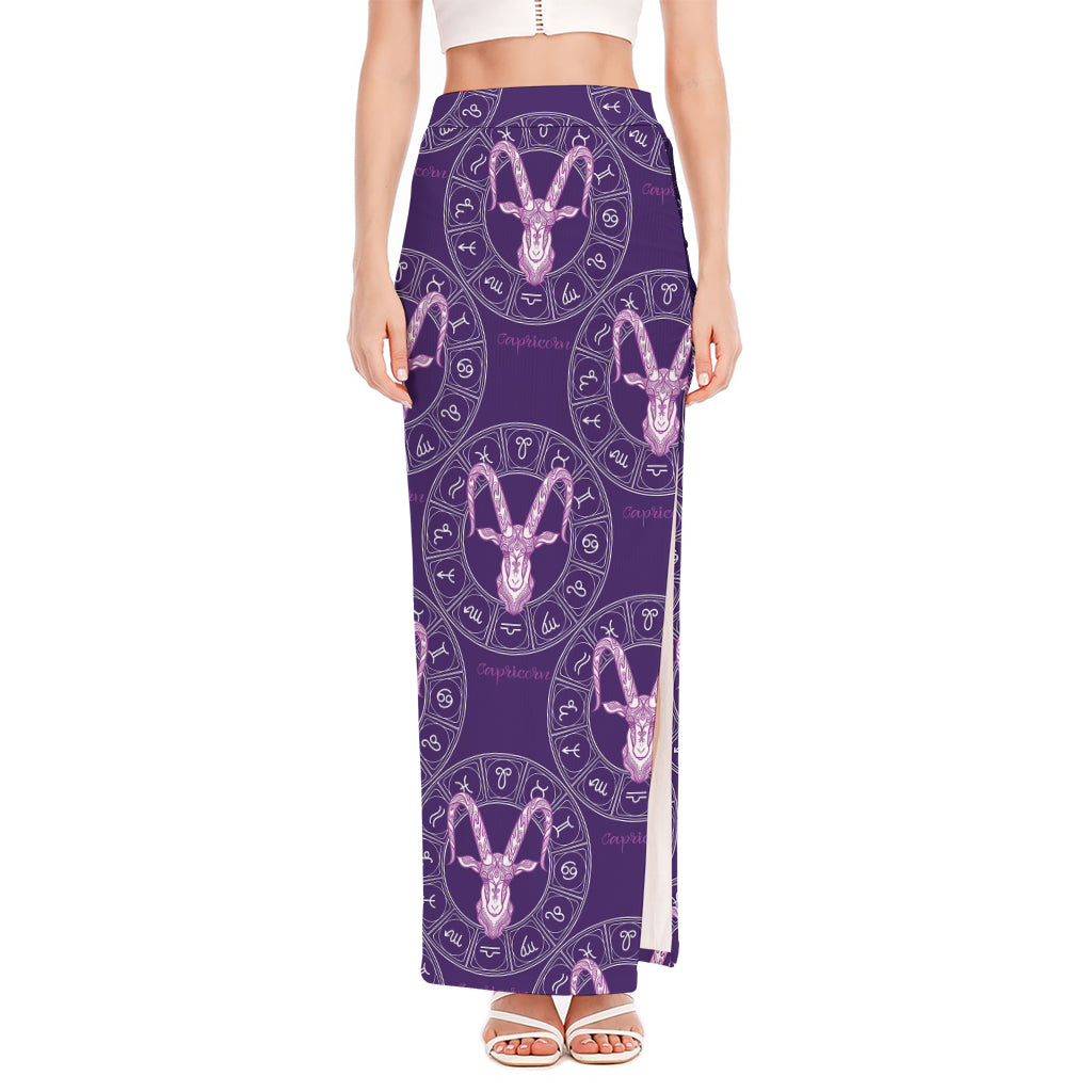 Purple Capricorn Zodiac Pattern Print High Slit Maxi Skirt