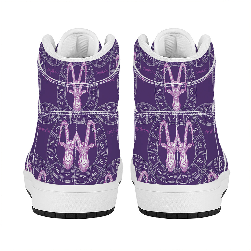 Purple Capricorn Zodiac Pattern Print High Top Leather Sneakers