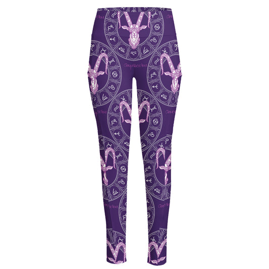 Purple Capricorn Zodiac Pattern Print High-Waisted Pocket Leggings