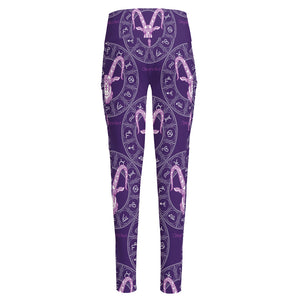 Purple Capricorn Zodiac Pattern Print High-Waisted Pocket Leggings