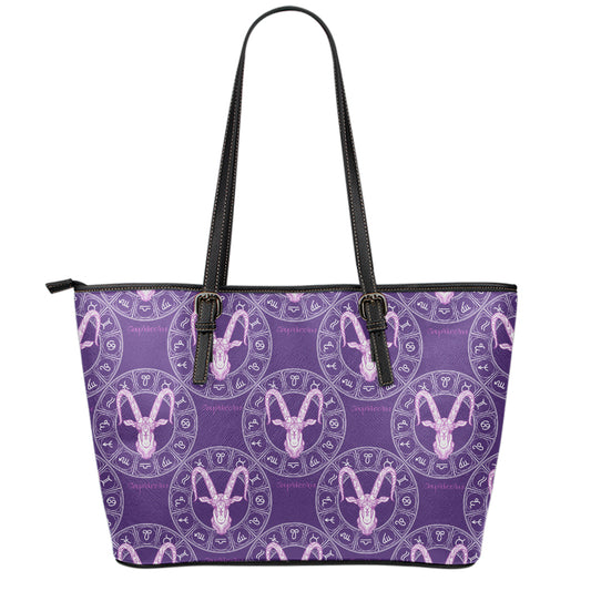 Purple Capricorn Zodiac Pattern Print Leather Tote Bag