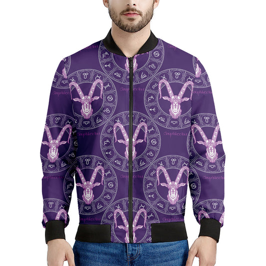 Purple Capricorn Zodiac Pattern Print Men's Bomber Jacket