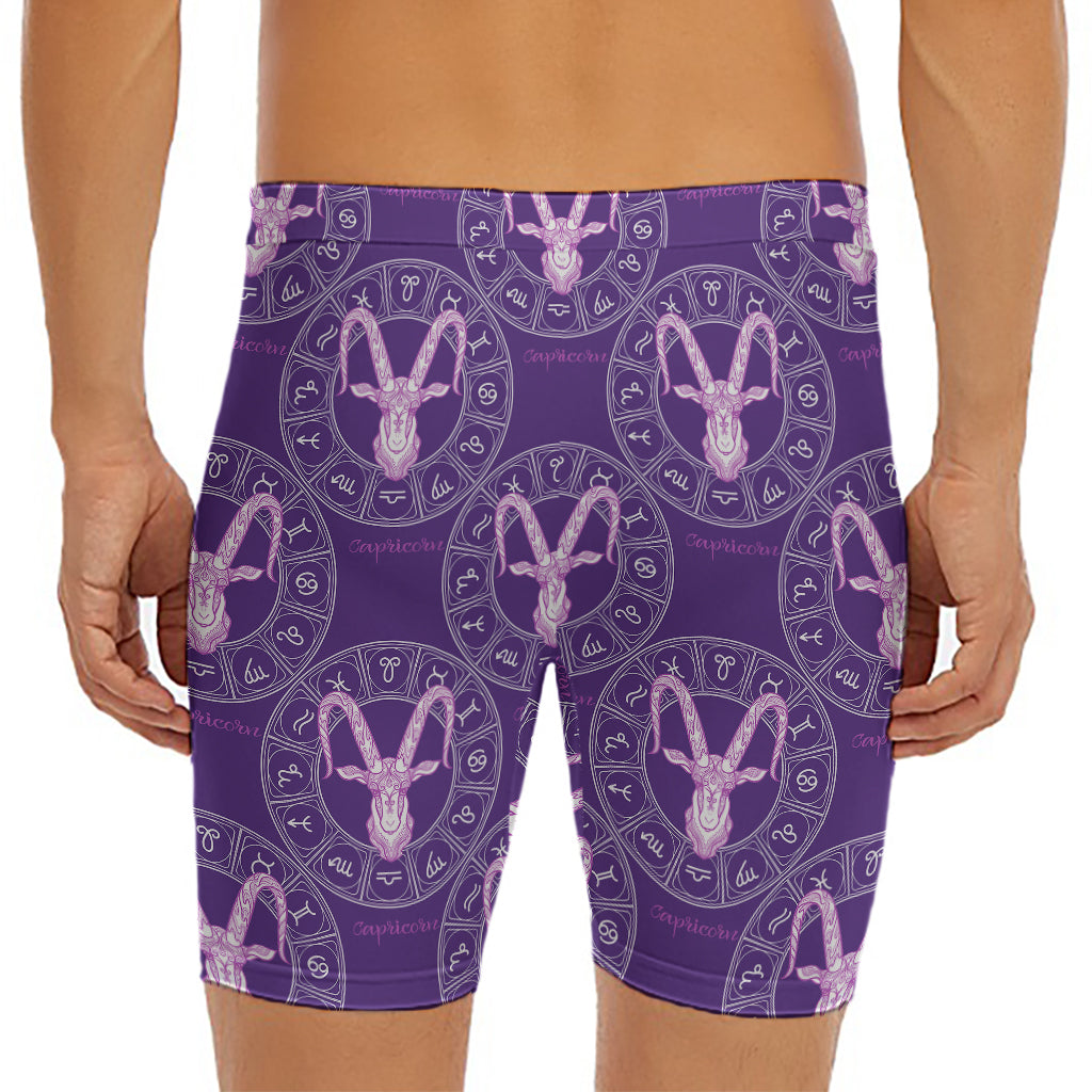 Purple Capricorn Zodiac Pattern Print Men's Long Boxer Briefs