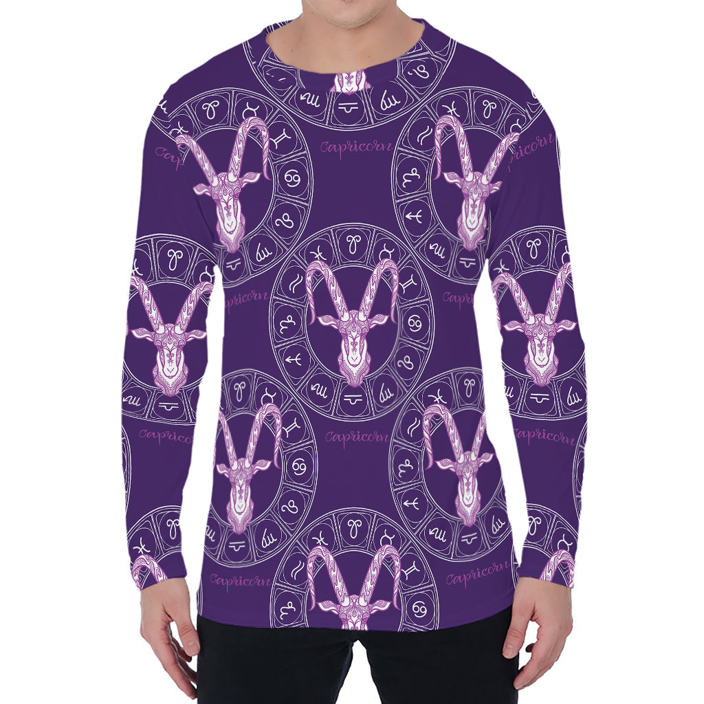 Purple Capricorn Zodiac Pattern Print Men's Long Sleeve T-Shirt