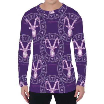 Purple Capricorn Zodiac Pattern Print Men's Long Sleeve T-Shirt