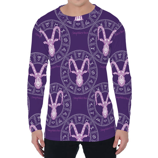 Purple Capricorn Zodiac Pattern Print Men's Long Sleeve T-Shirt