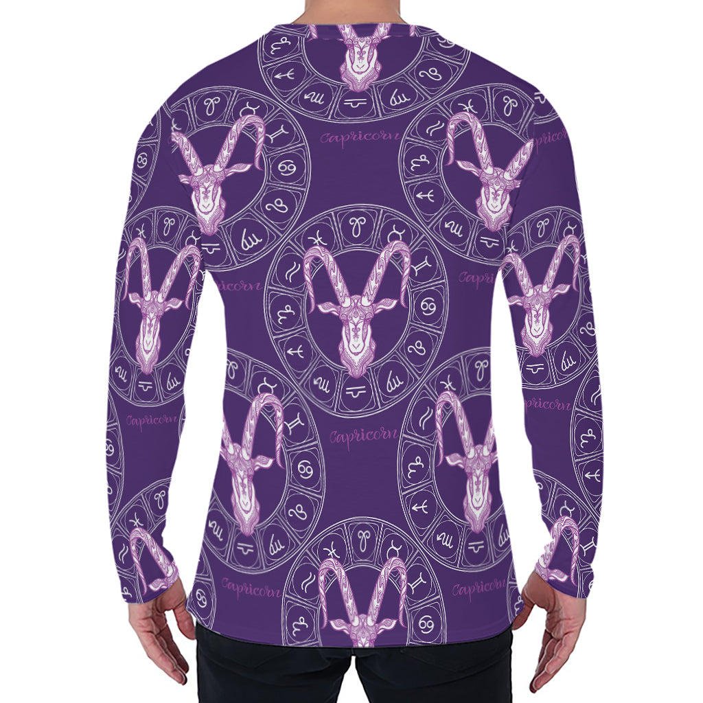 Purple Capricorn Zodiac Pattern Print Men's Long Sleeve T-Shirt