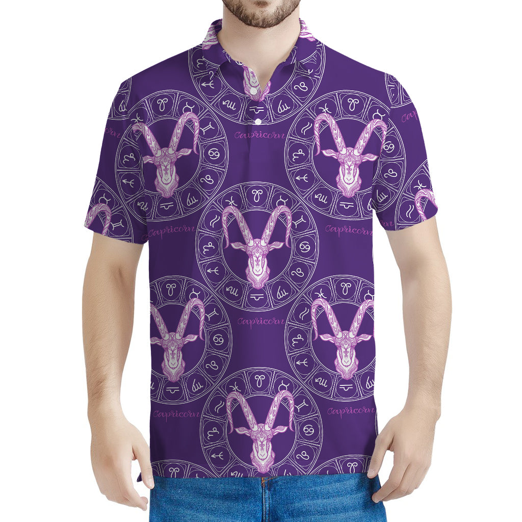 Purple Capricorn Zodiac Pattern Print Men's Polo Shirt