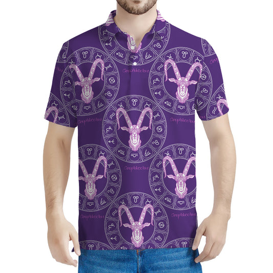 Purple Capricorn Zodiac Pattern Print Men's Polo Shirt