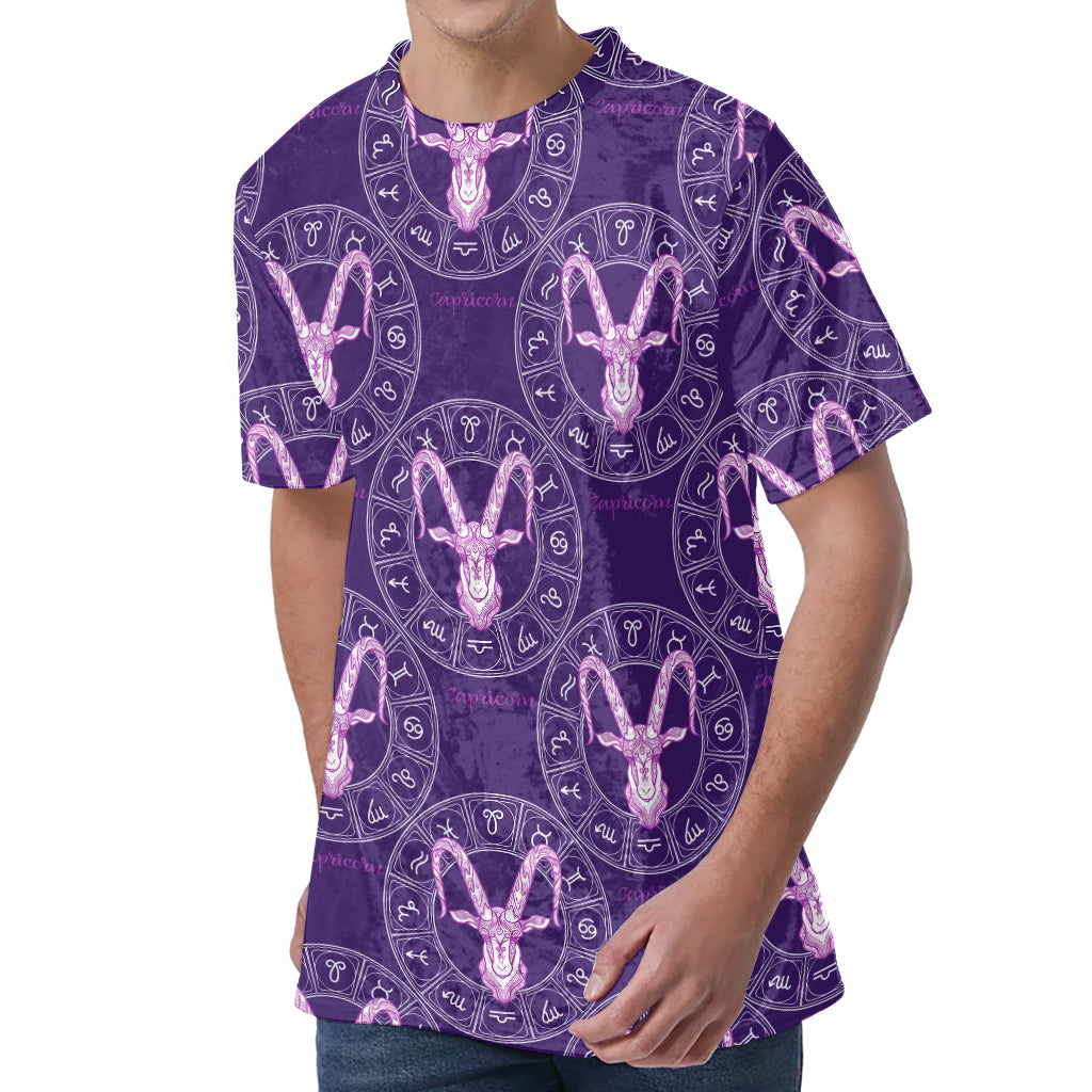 Purple Capricorn Zodiac Pattern Print Men's Velvet T-Shirt