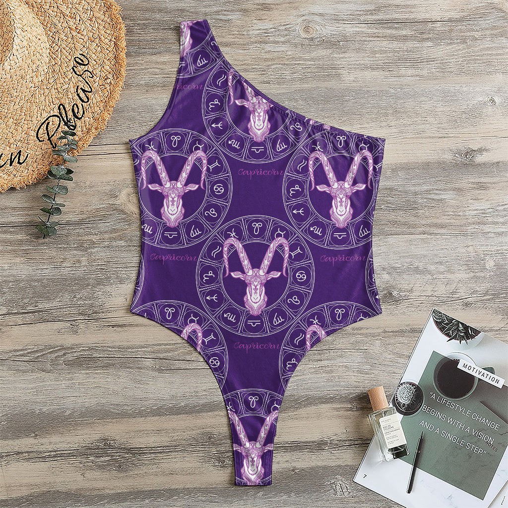 Purple Capricorn Zodiac Pattern Print One Shoulder Bodysuit