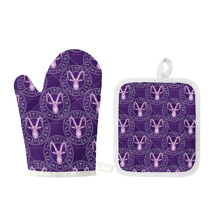 Purple Capricorn Zodiac Pattern Print Oven Mitt And Pot Holder Set