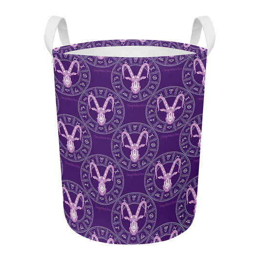 Purple Capricorn Zodiac Pattern Print Round Laundry Basket