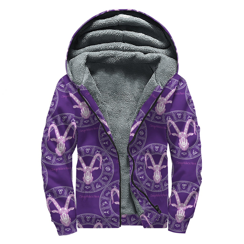 Purple Capricorn Zodiac Pattern Print Sherpa Lined Zip Up Hoodie