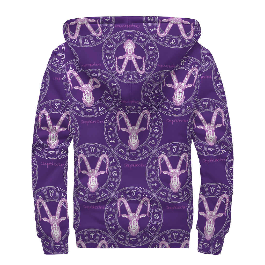 Purple Capricorn Zodiac Pattern Print Sherpa Lined Zip Up Hoodie