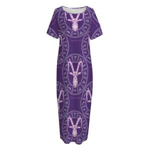 Purple Capricorn Zodiac Pattern Print Short Sleeve Long Nightdress