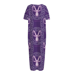 Purple Capricorn Zodiac Pattern Print Short Sleeve Long Nightdress