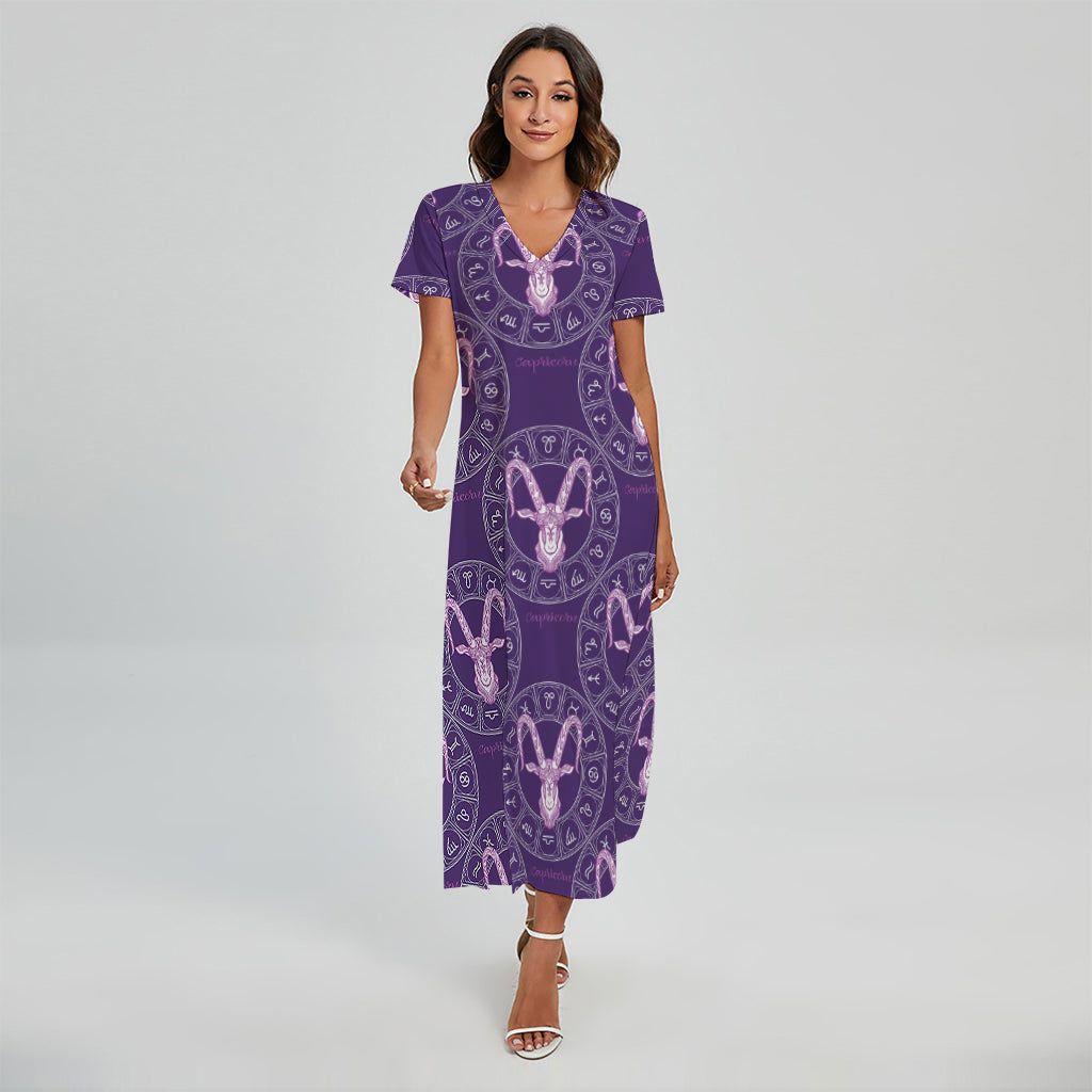 Purple Capricorn Zodiac Pattern Print Short Sleeve Maxi Dress