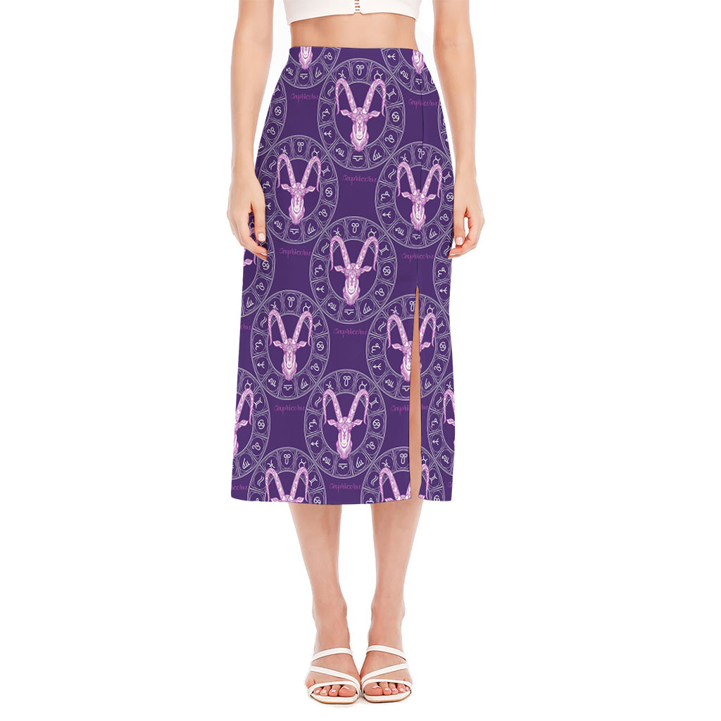 Purple Capricorn Zodiac Pattern Print Side Slit Midi Skirt