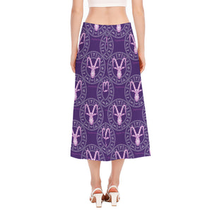 Purple Capricorn Zodiac Pattern Print Side Slit Midi Skirt