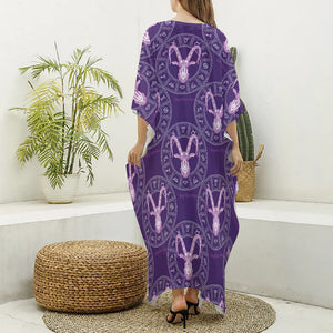 Purple Capricorn Zodiac Pattern Print Silk V-Neck Kaftan Dress