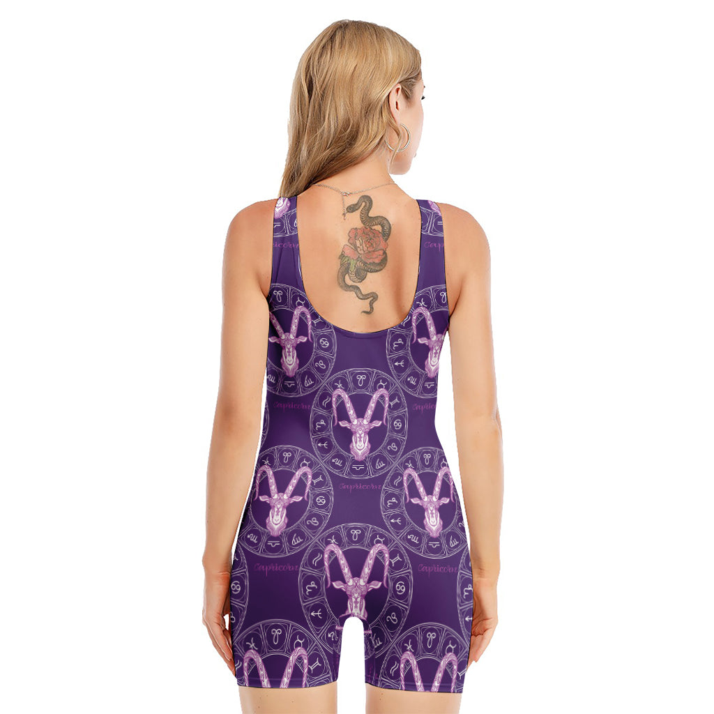 Purple Capricorn Zodiac Pattern Print Sleeveless One Piece Swimsuit