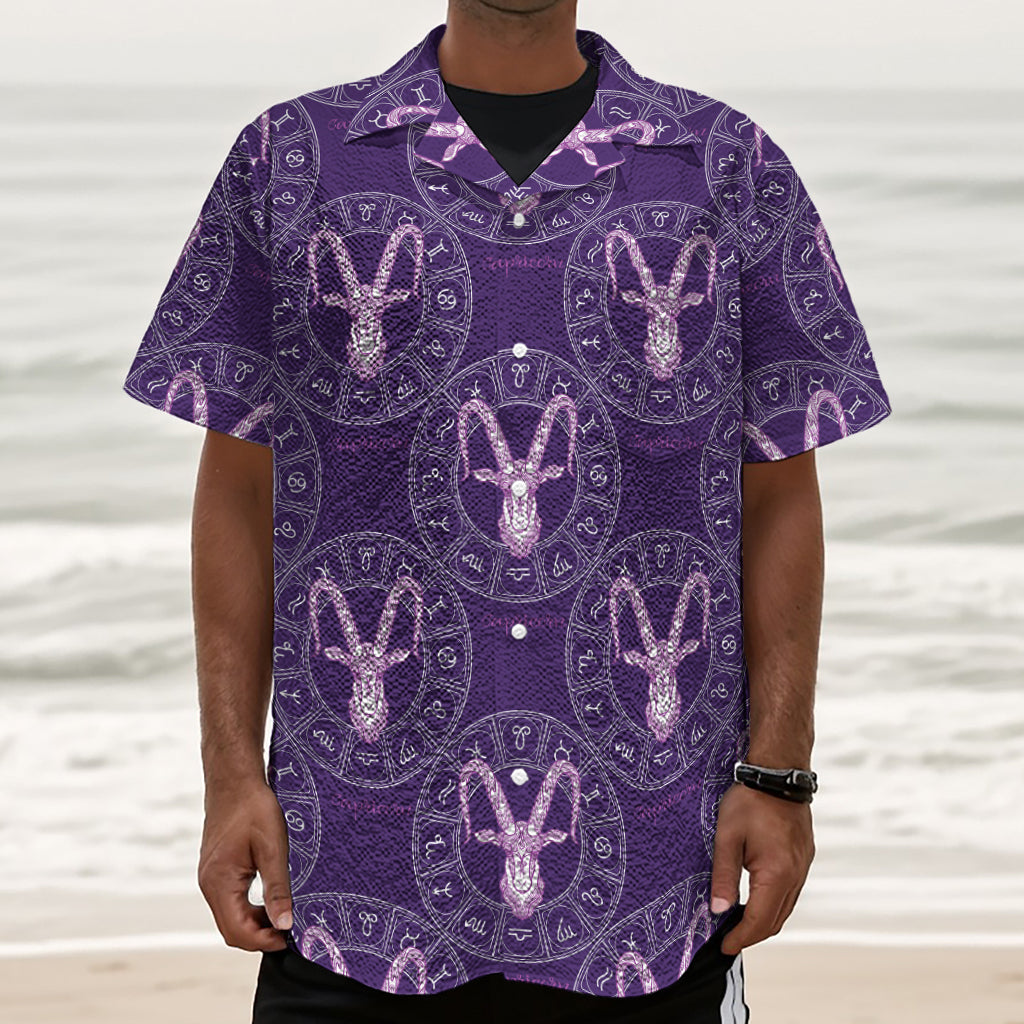 Purple Capricorn Zodiac Pattern Print Textured Short Sleeve Shirt